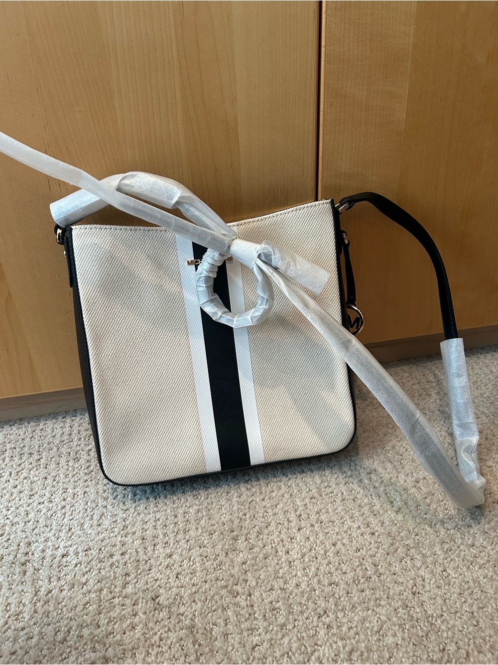 Michael Kors White Canvas Crossbody with Black and White Center Stripe